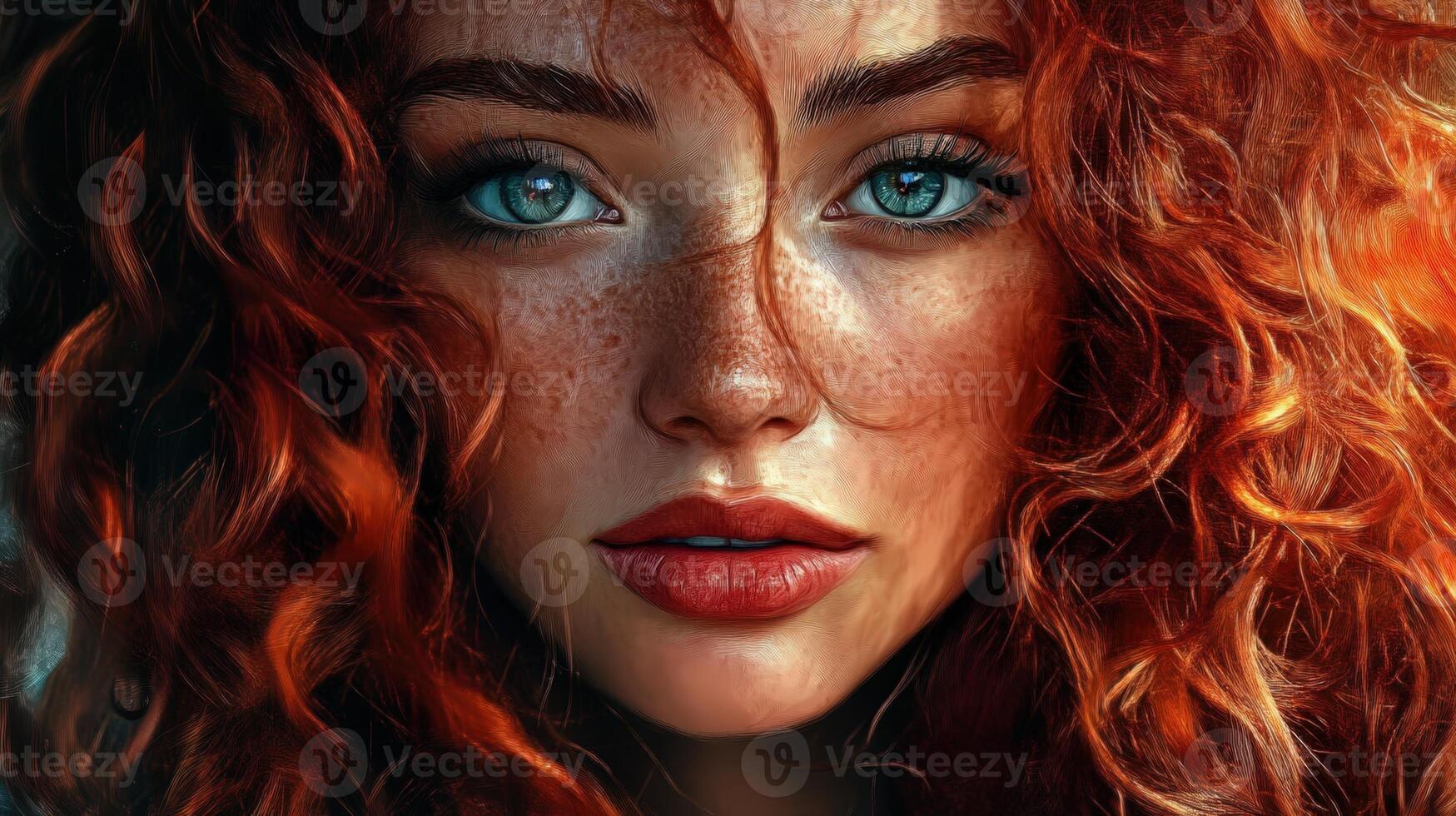 Beautiful red curly woman portrait makeup clean skin photo