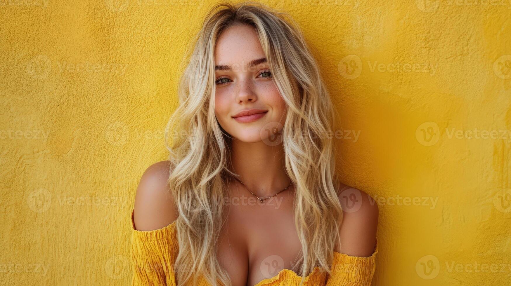 Woman with long blonde hair is smiling and looking at the camera photo
