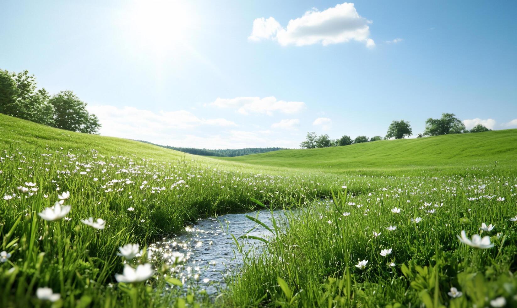 A serene landscape featuring a stream, flowers, and sunny skies. photo