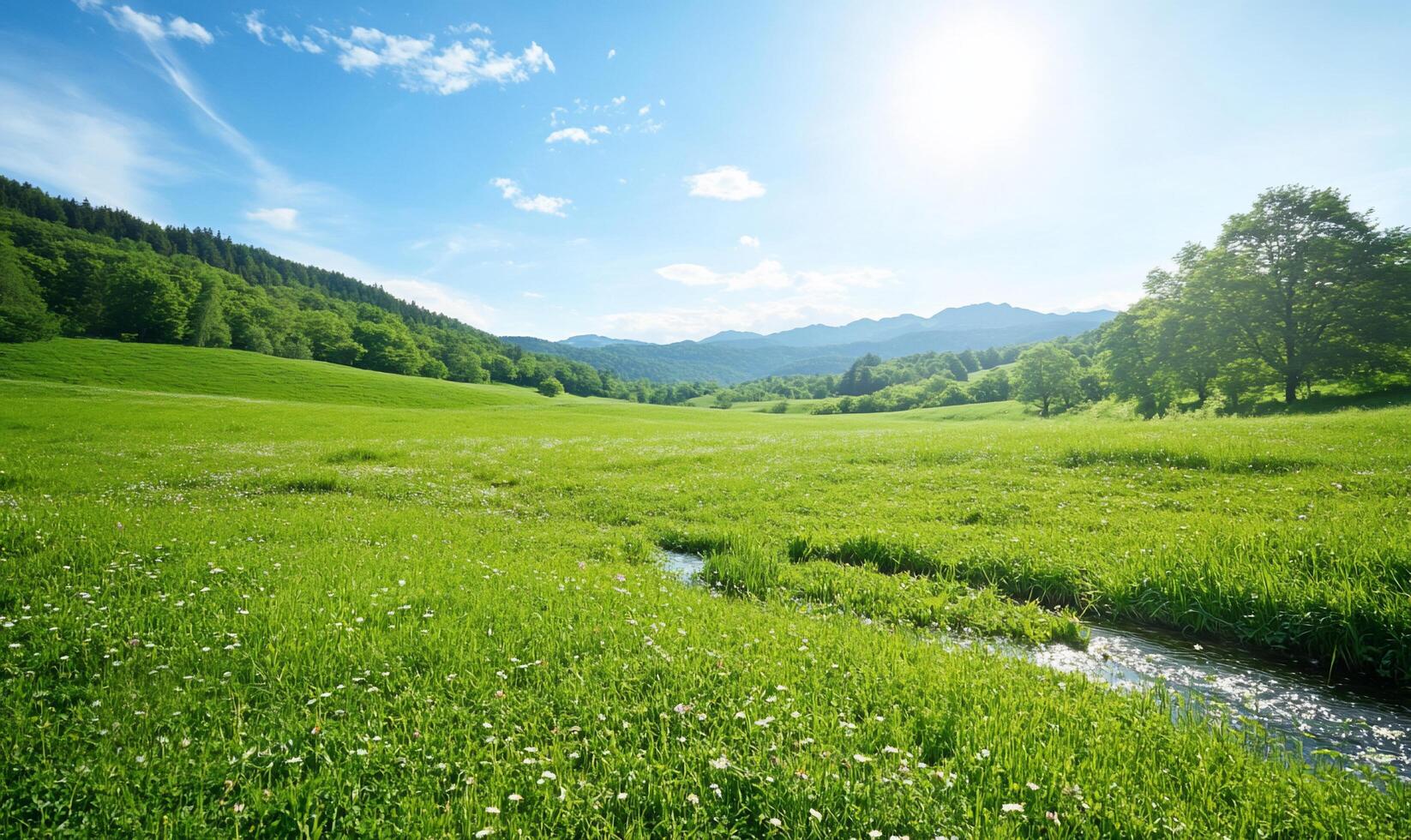 A serene landscape featuring lush green fields and distant mountains. photo