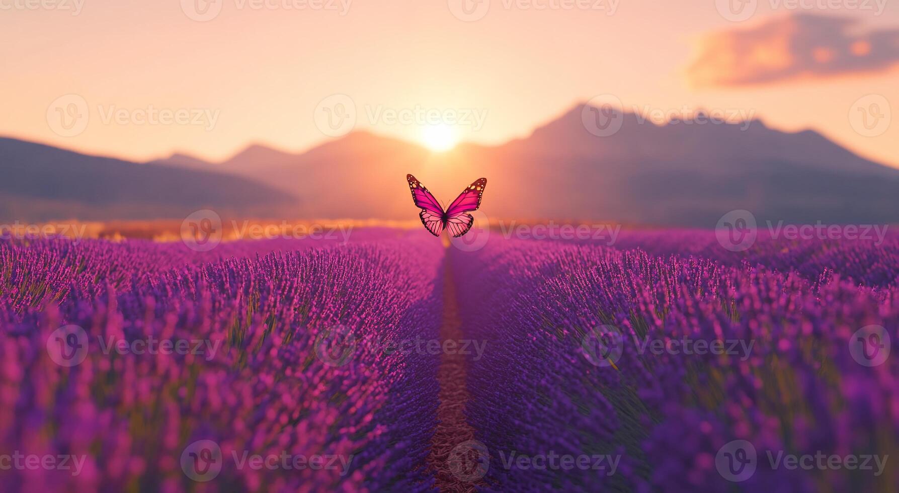 A butterfly rests in a lavender field at sunset, creating a serene scene. photo