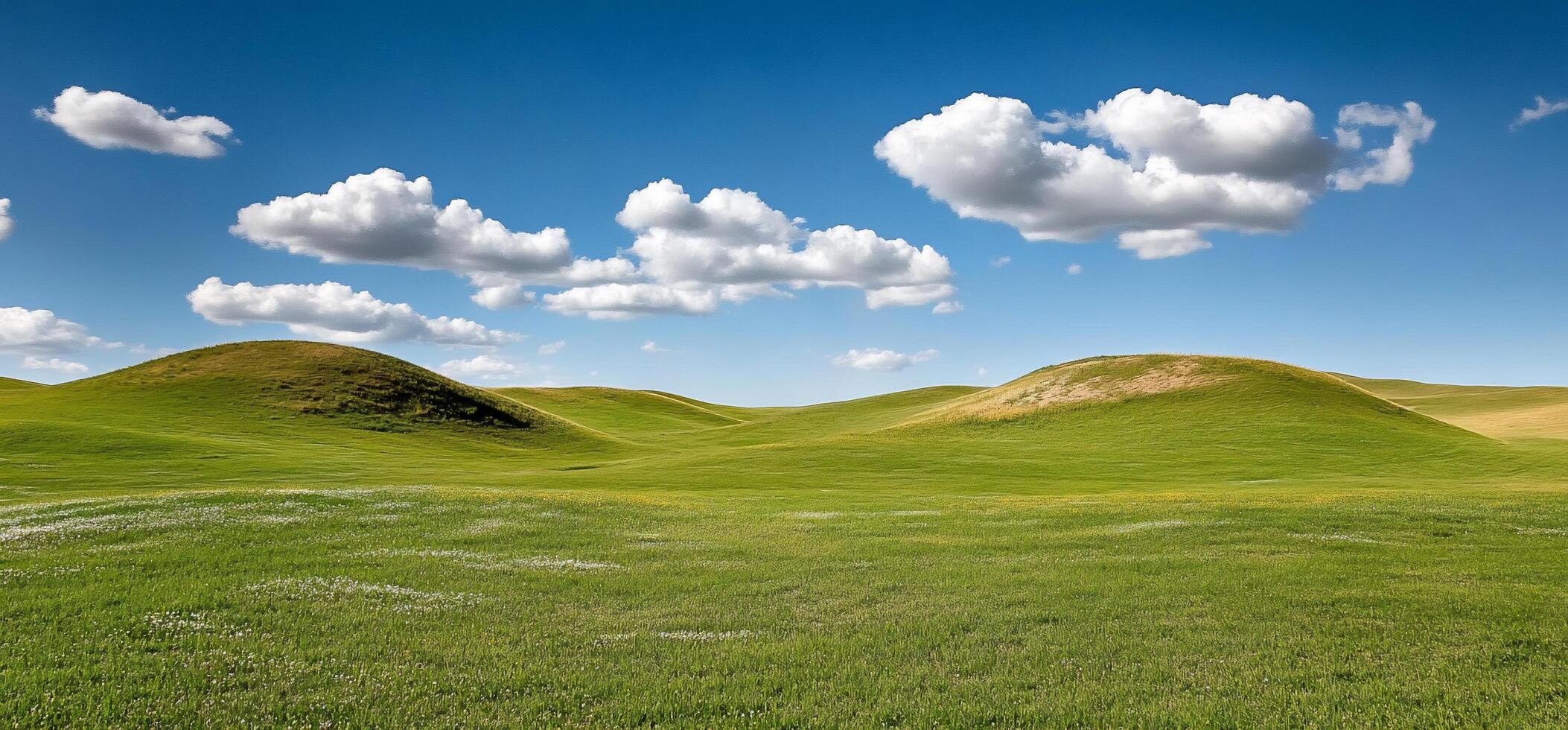 A serene landscape featuring rolling green hills under a blue sky. photo