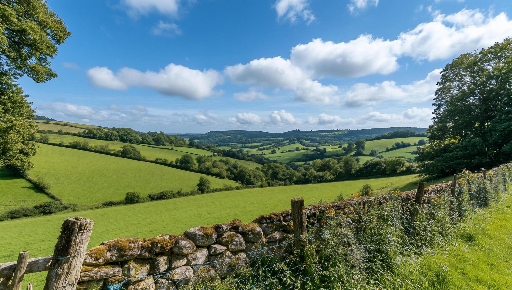 Scenic view of lush green hills under a bright blue sky. photo