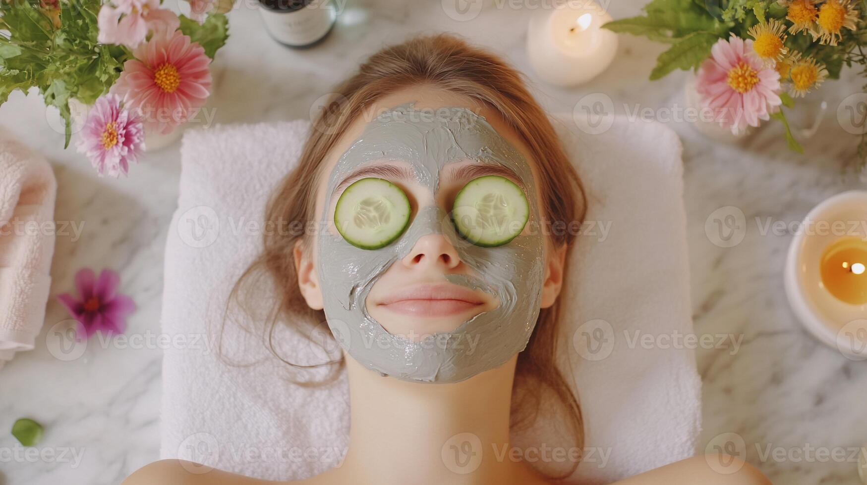 A woman relaxing with a facial mask and cucumber slices on her eyes. photo