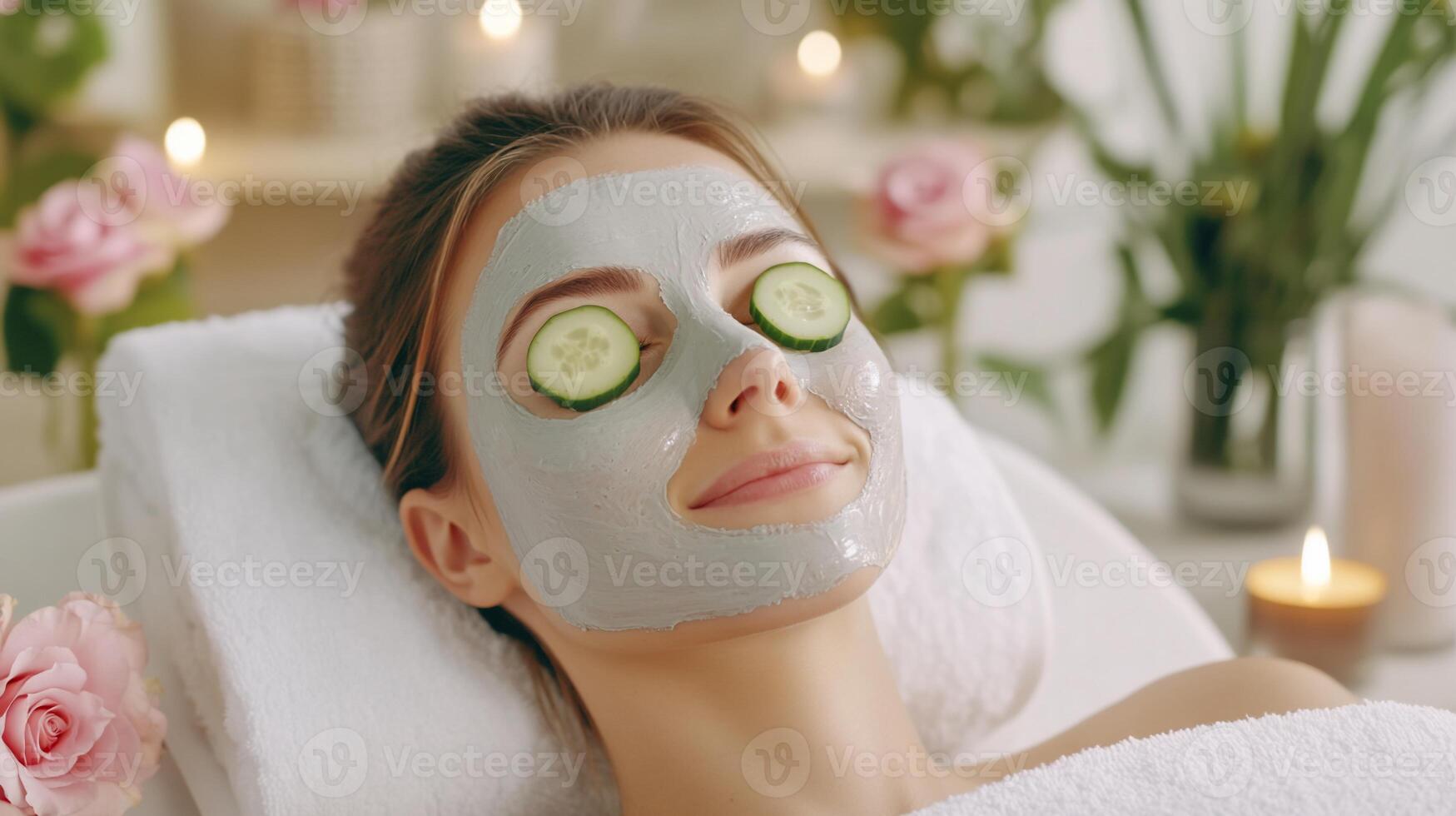 Woman relaxing with a facial mask and cucumber slices on her eyes. photo