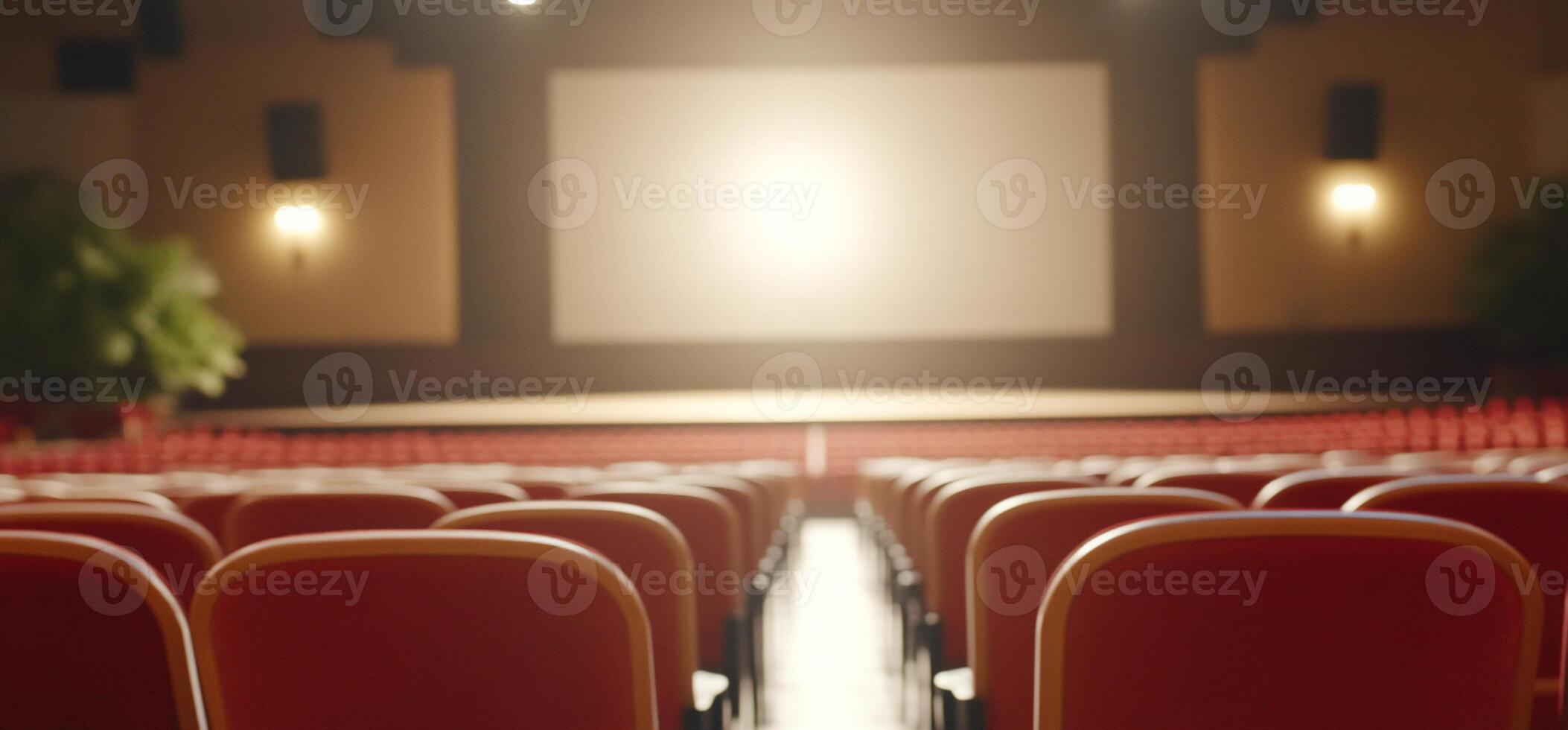 A theater interior with empty red seats and a bright screen ahead. photo
