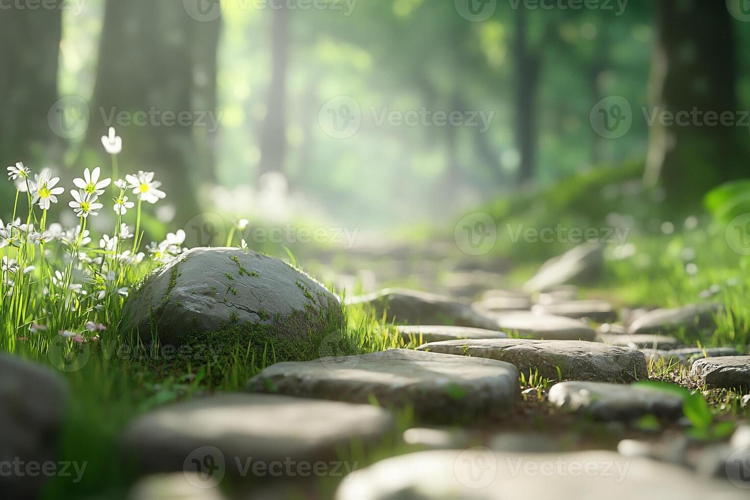 A serene forest path lined with stones and wildflowers. photo