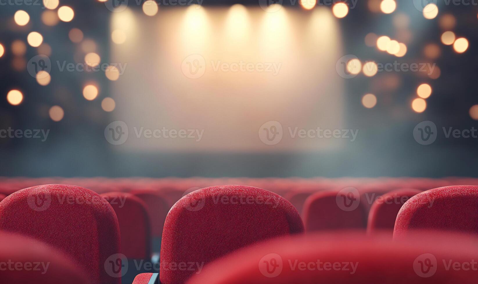 A view of empty red theater seats facing a large screen. photo
