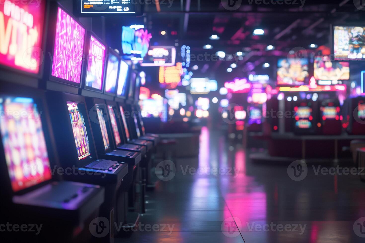 A vibrant casino interior filled with illuminated slot machines. photo