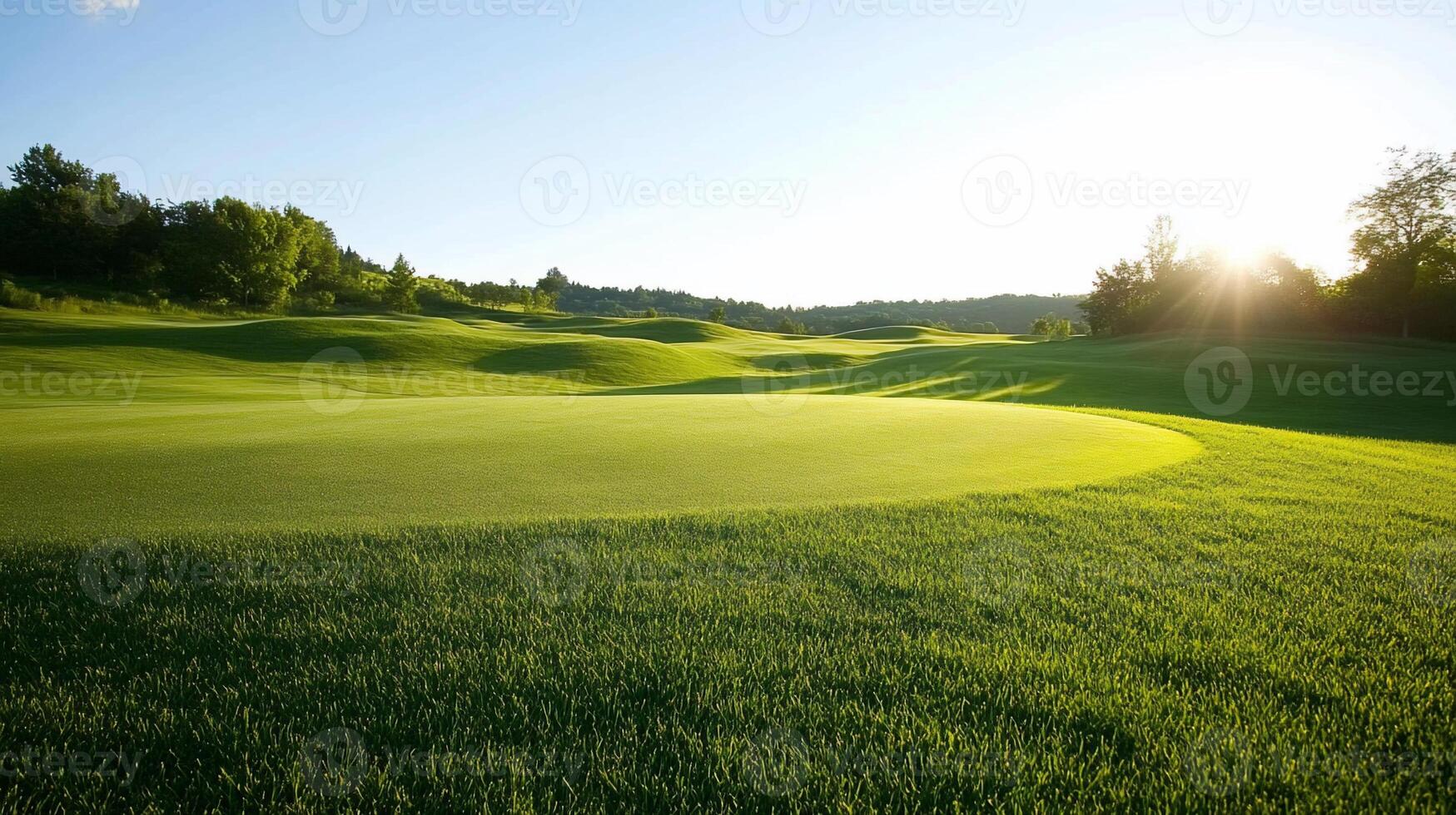 A serene golf course landscape at sunrise, showcasing lush green grass. photo