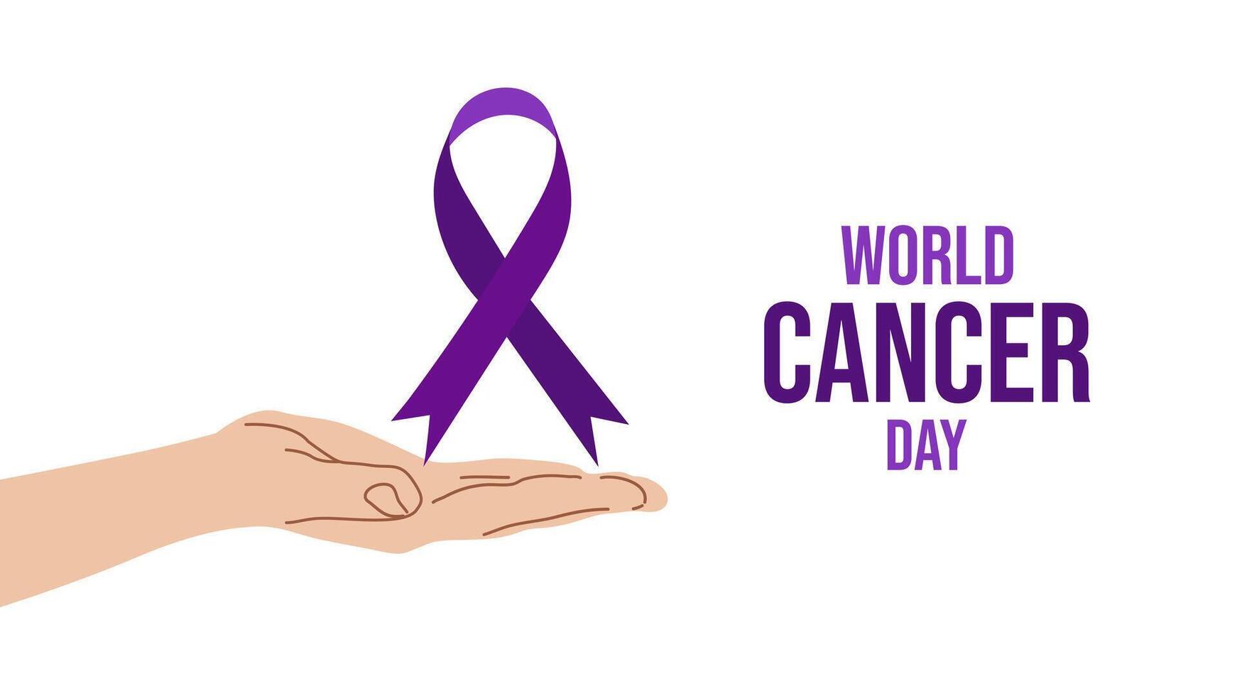 World Cancer Day. February 4th. Raising awareness. Purple ribbon and hand that gently holds it. Expressing support for patients and their families. illustration. vector