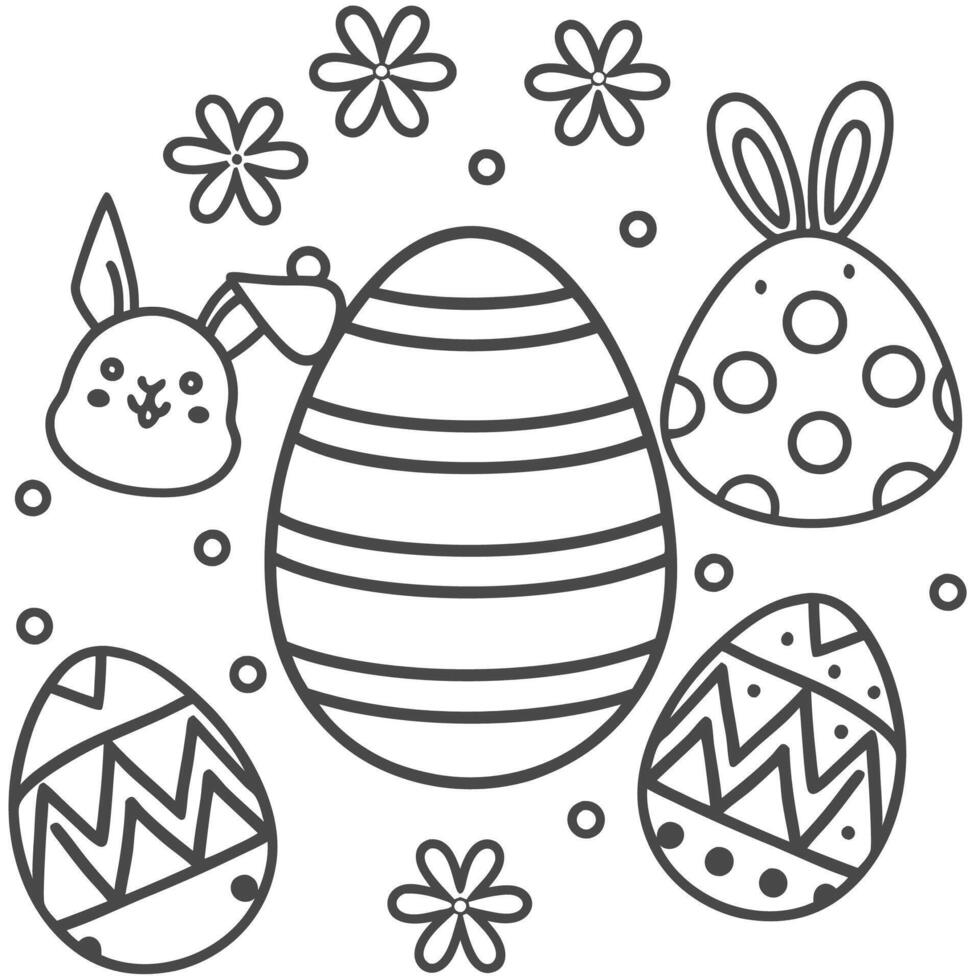 Doodle Easter Eggs and Rabbit Black and White Line Art vector