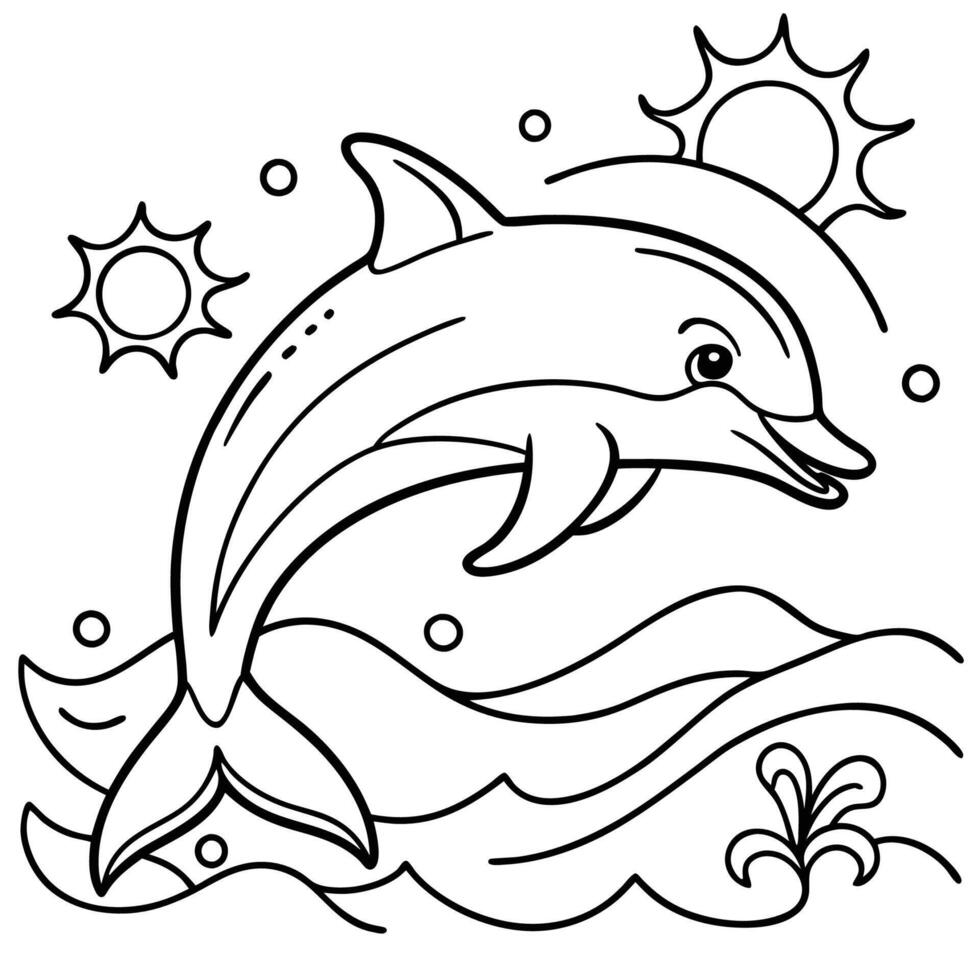 Simple Dolphin Drawing in Black and White Lines vector