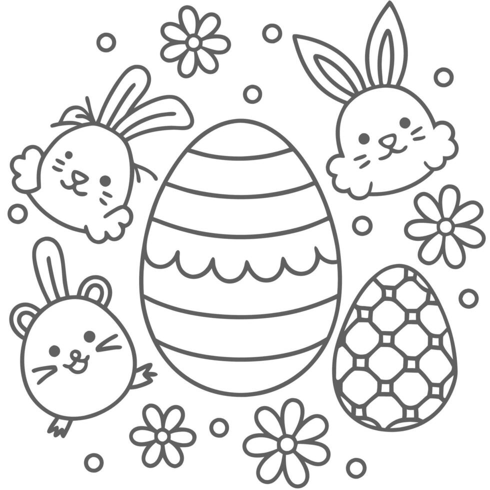 Line Art of Easter Rabbit and Eggs in Doodle Style vector