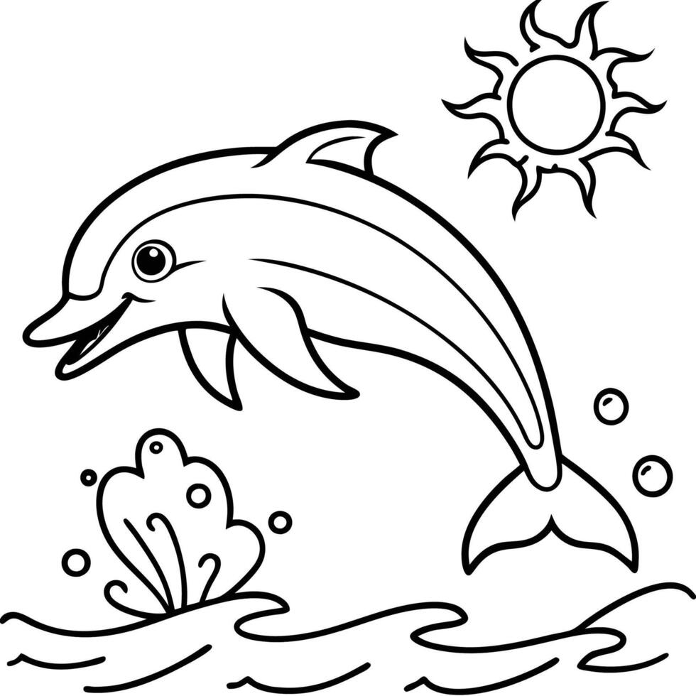 Simple Line Art Dolphin Illustration in Black and White vector