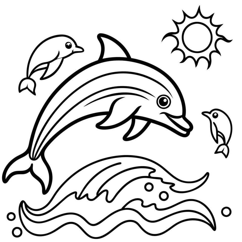 Graceful Dolphin Black and White Line Art vector