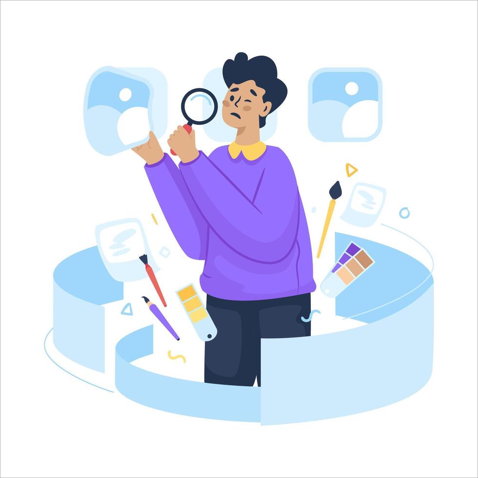 Male character reviewing artwork image flat illustration vector