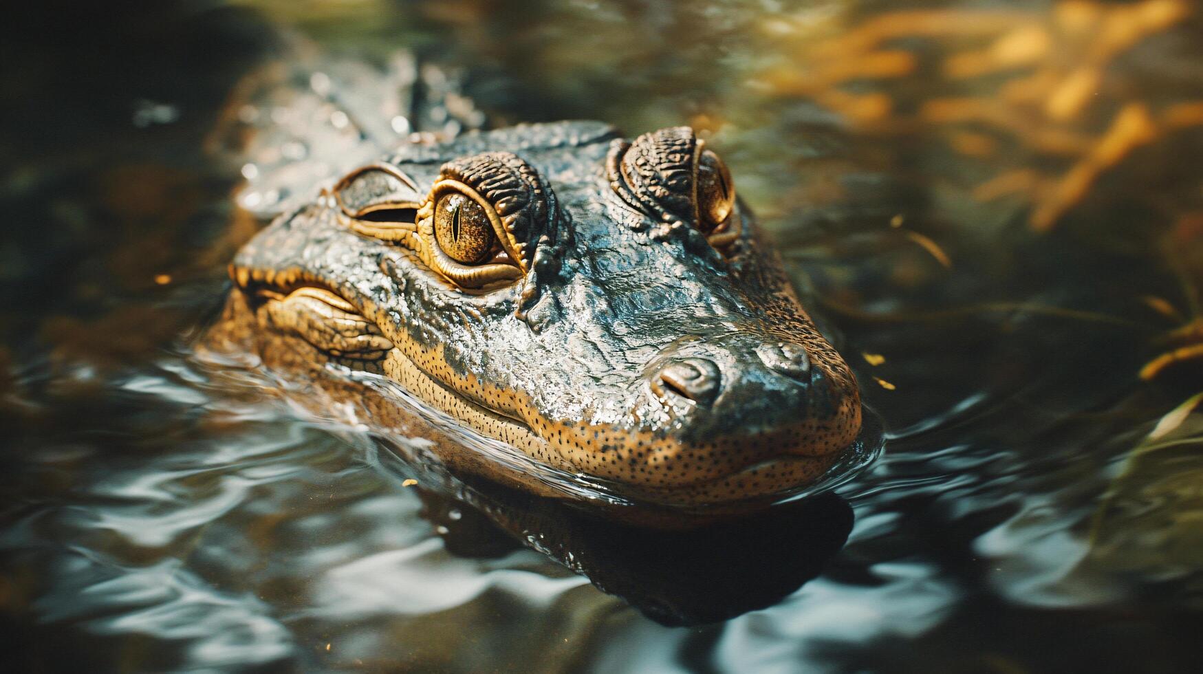 Baby alligator is swimming in a pond. The water is calm and the alligator is looking up at the camera photo