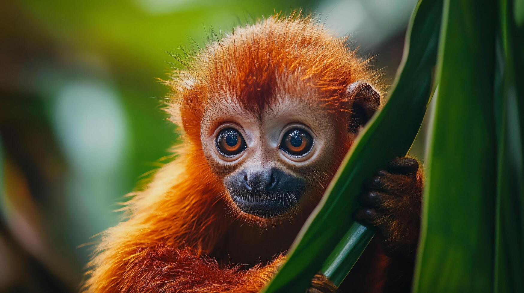 Baby monkey is hiding behind a leaf. The baby monkey is brown and has a big, curious look on its face photo