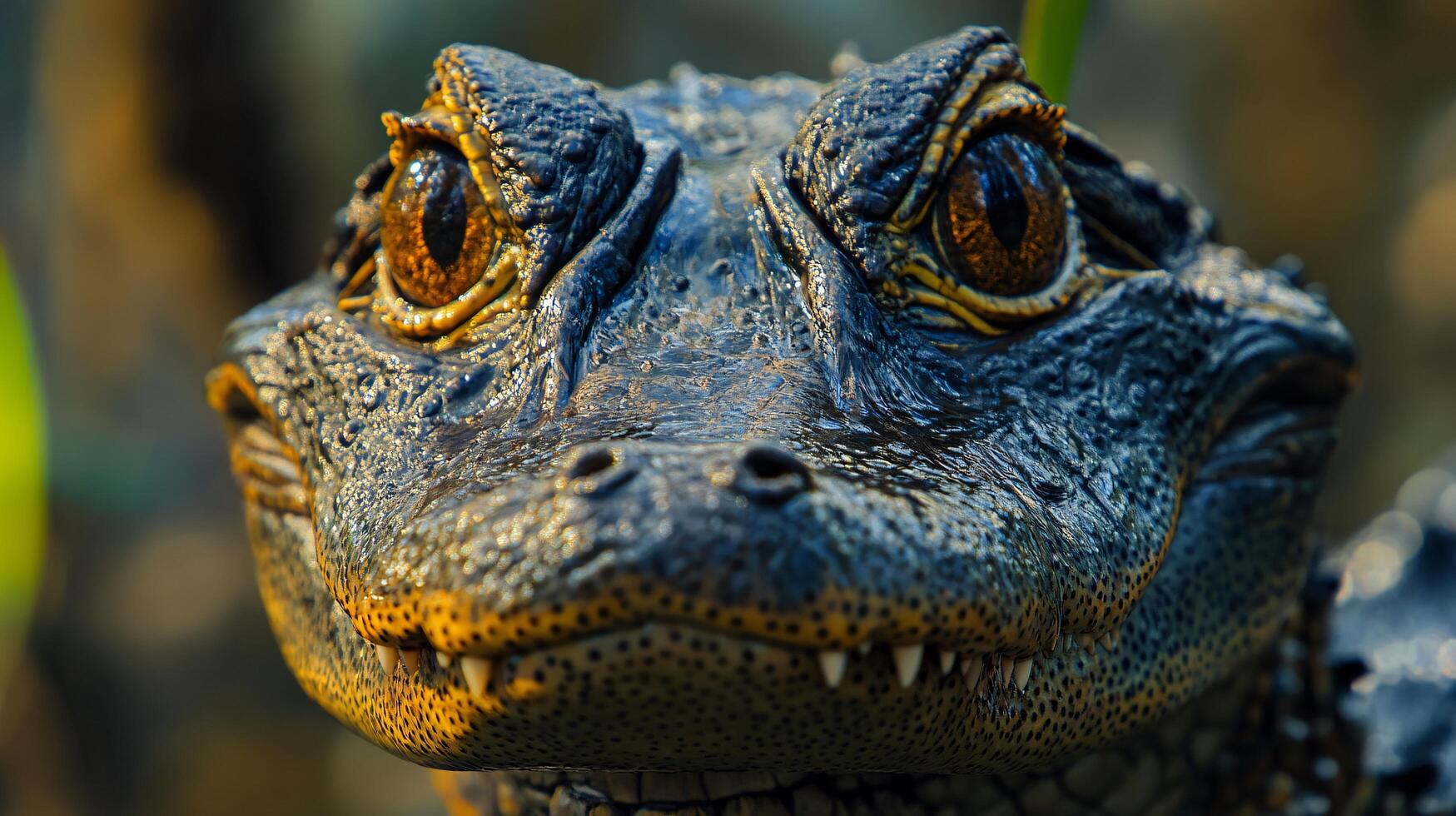 Baby alligator is looking at the camera. The eyes are large and the mouth is open photo