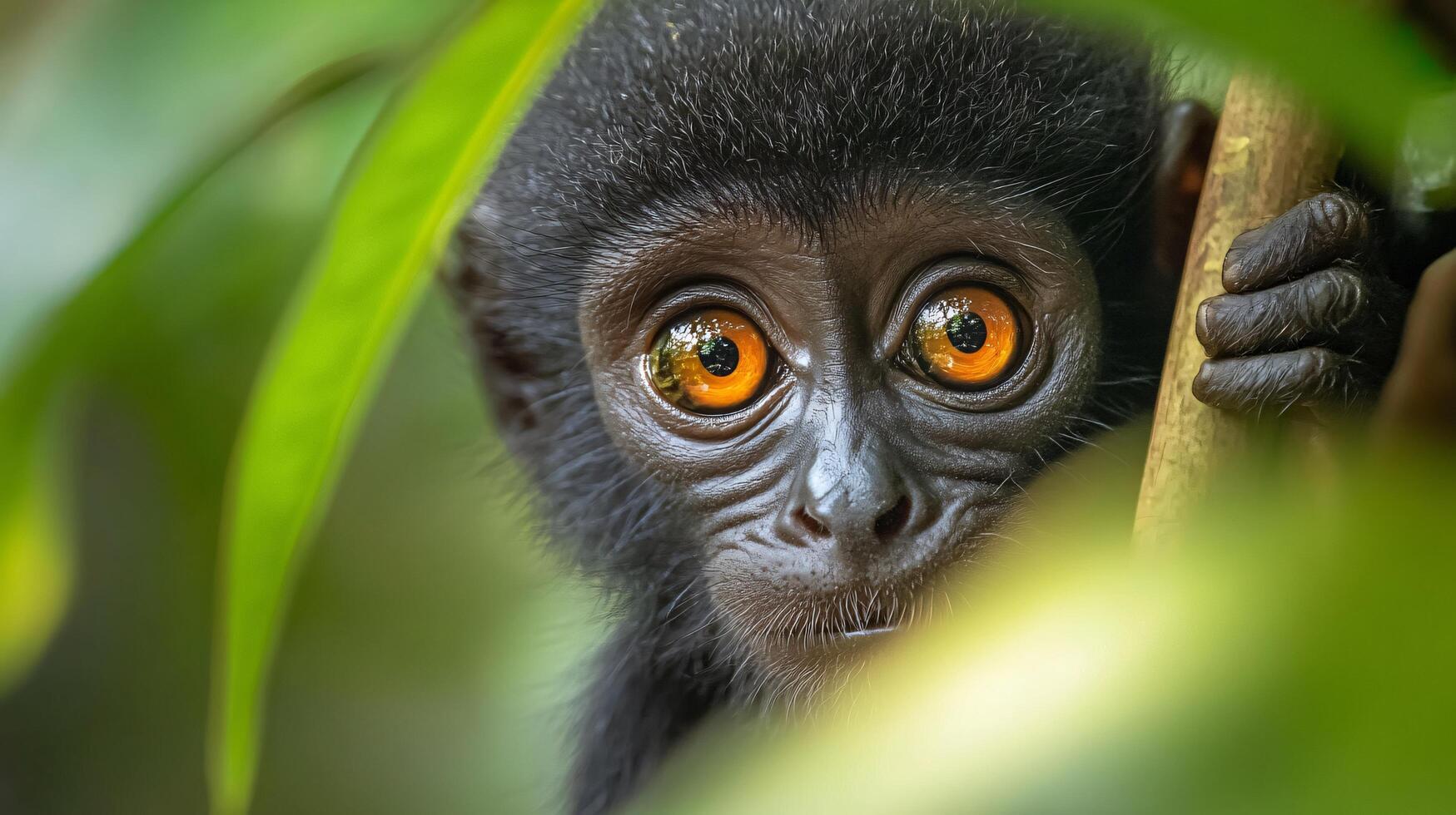 Baby monkey with big eyes and a black face is peeking out from behind a leafy green branch photo