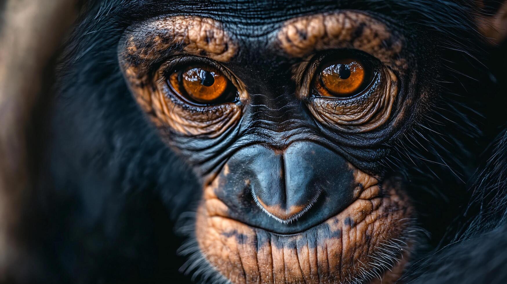 Baby monkey with a black face and brown fur. The monkey has a big brown eye and a big smile photo