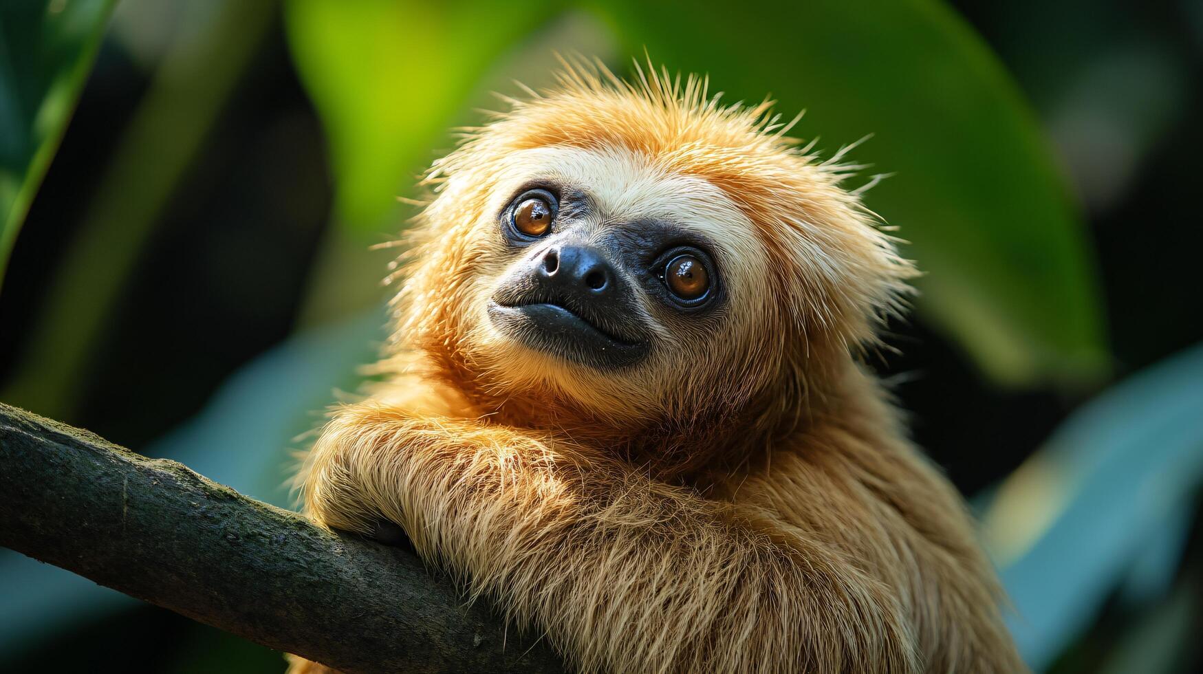 Baby sloth is sitting on a branch and looking at the camera. The sloth is brown and furry, and it is curious about the photographer photo