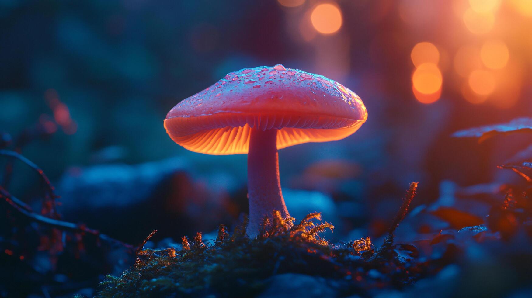 Mushroom is sitting on a rock in the woods. The mushroom is glowing in the dark, giving it a mystical and otherworldly appearance photo