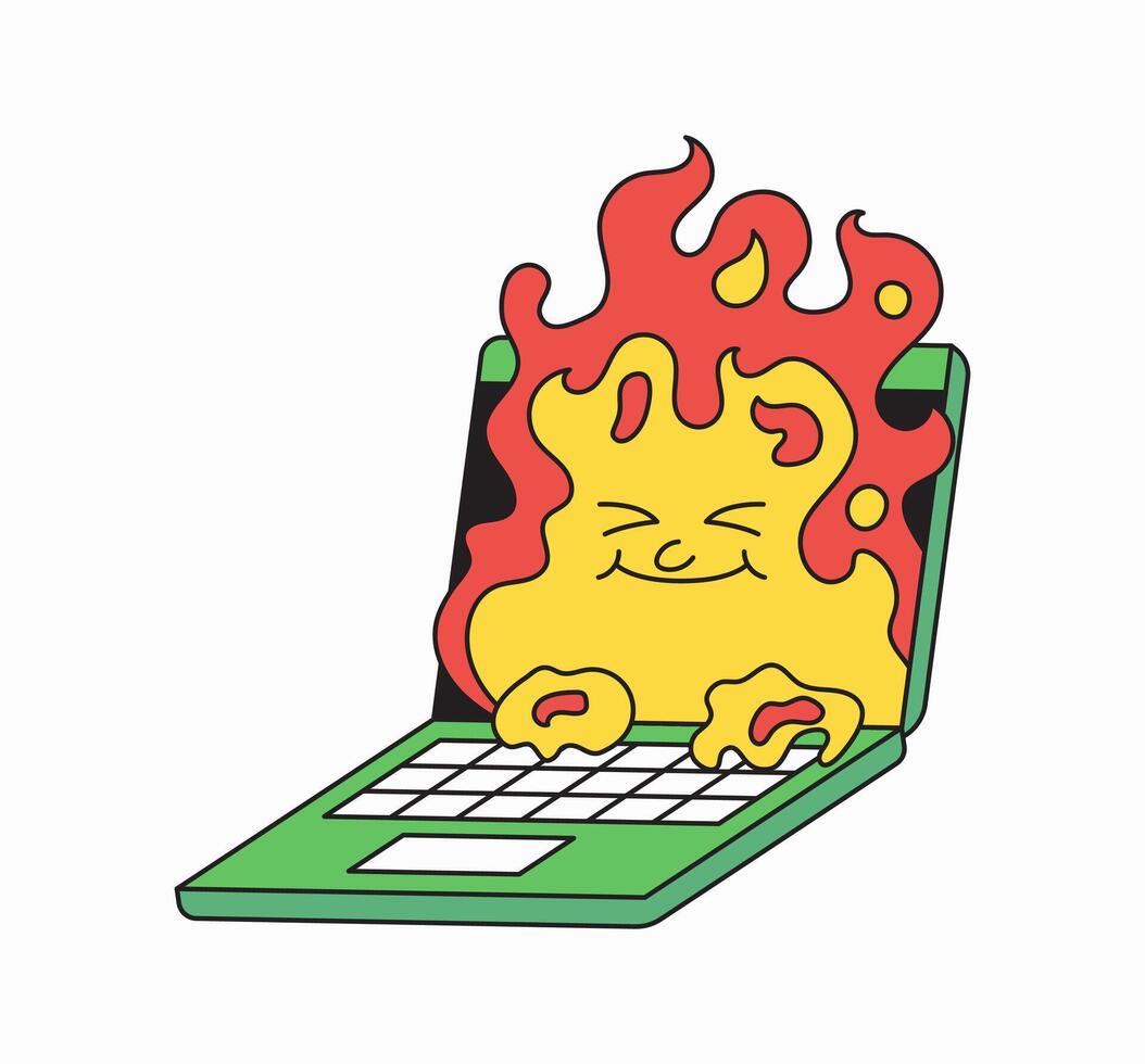 Laptop on fire cartoon illustration vector