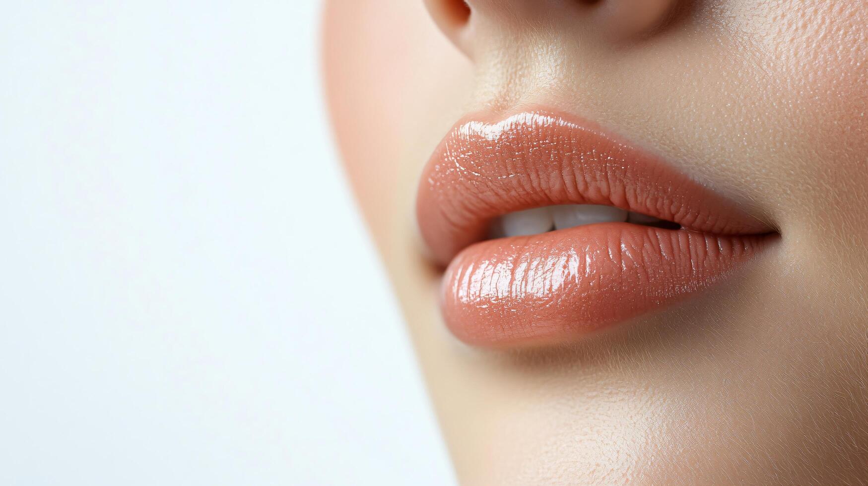 Woman's lips are painted with a bright pink color. The lips are full and plump, giving the woman a confident and attractive appearance. Concept of beauty and self-care photo