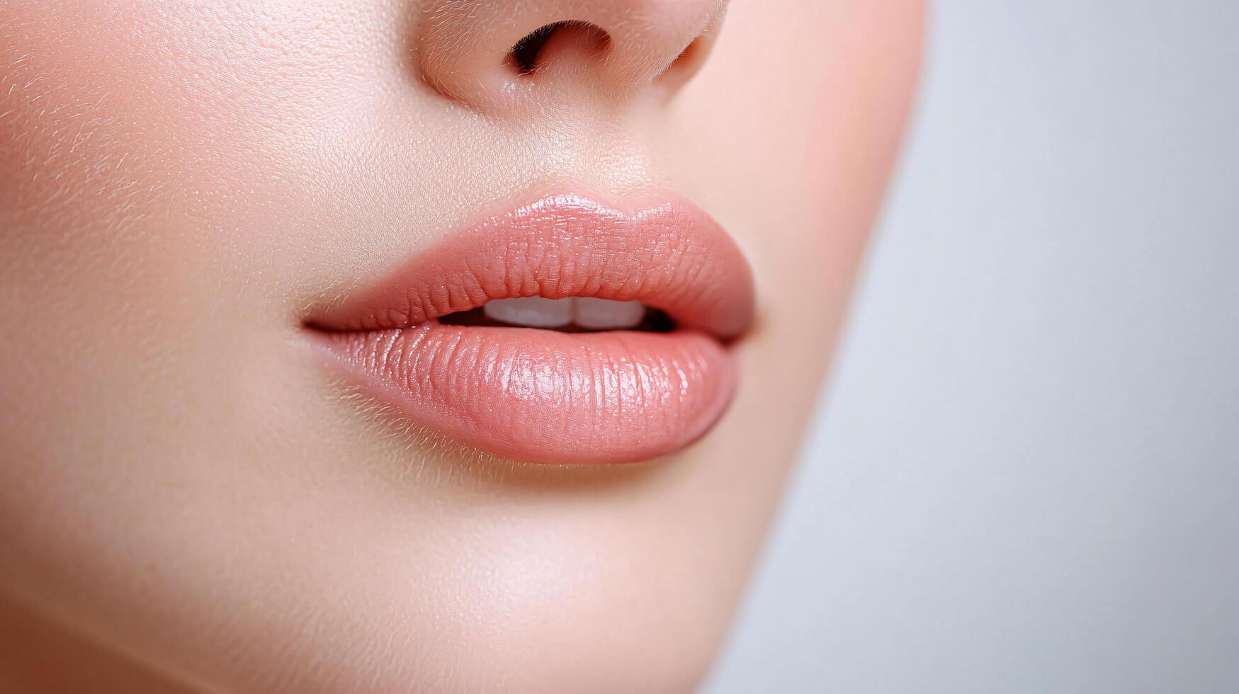 Woman's face with a pink lip. The lips are full and plump, and the woman has a smile on her face photo