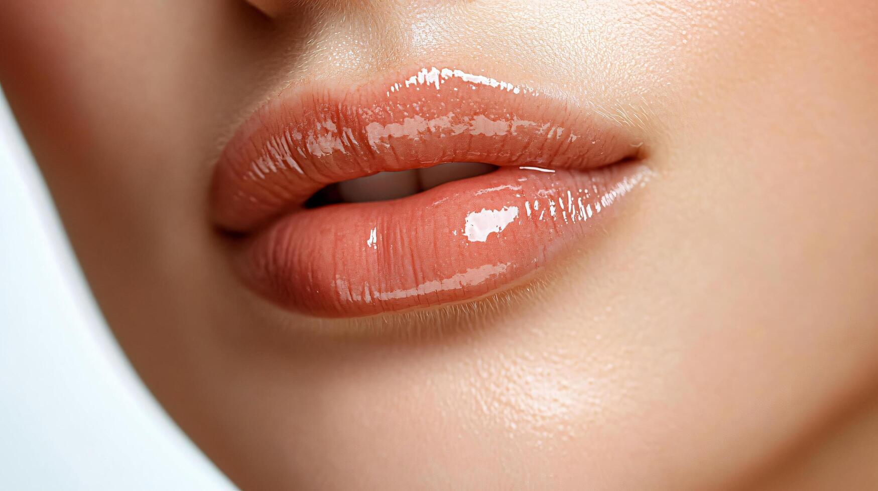 Woman's lips are plump and shiny, with a clear gloss finish. Concept of beauty and confidence, as the woman's lips are the focal point of the photo