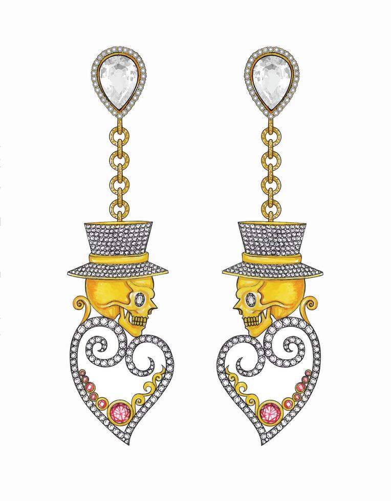 Jewelry design golden skull dangle earrings.dangle earrings with a gothic-meets-luxury theme. Each earring showcases a golden skull adorned with a sparkling top hat encrusted with shimmering diamonds. vector
