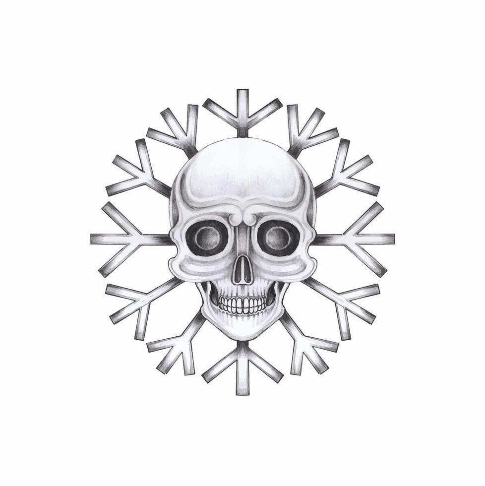 Frozen skull emblem. skull with a snowflake motif ,The central skull is meticulously detailed, featuring deep-set eyes and bold contours that evoke an eerie. vector