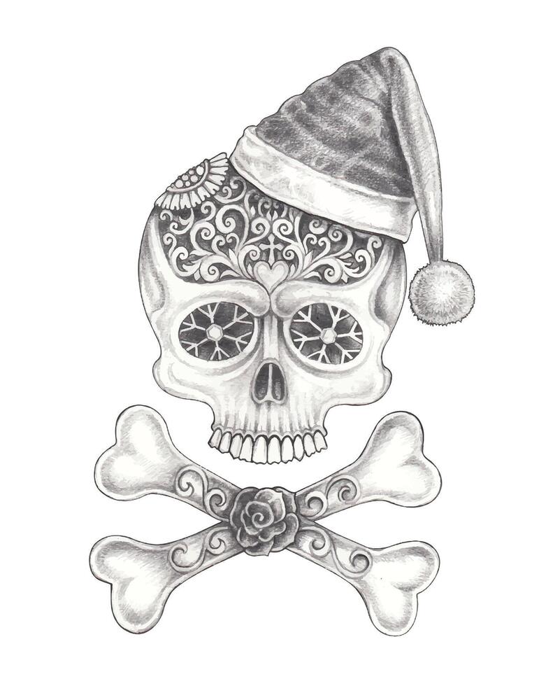 Festive sugar skull and crossbones. A skull adorned with intricate scrollwork designs and decorative details features prominently, with a Santa hat perched playfully on its head. vector