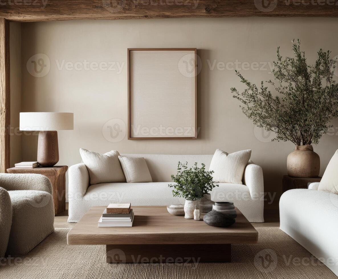 This cozy living room showcases a minimalist design with a neutral color palette photo