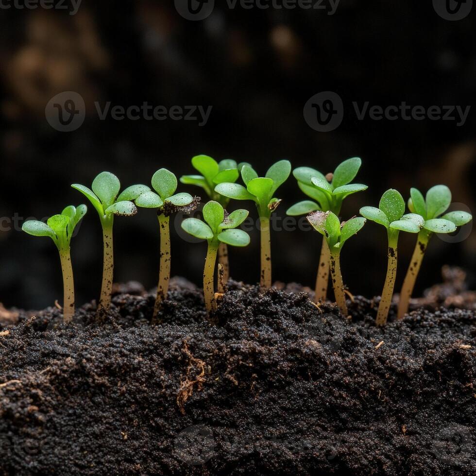 Seedlings emerge from dark soil in a nurturing growth environment photo