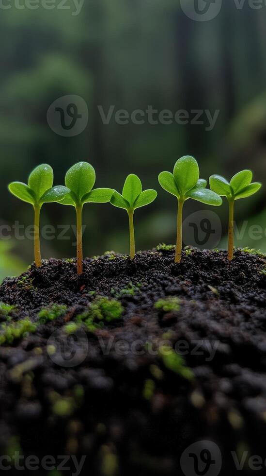 New plant sprouts grow from dark soil in a lush forest setting photo
