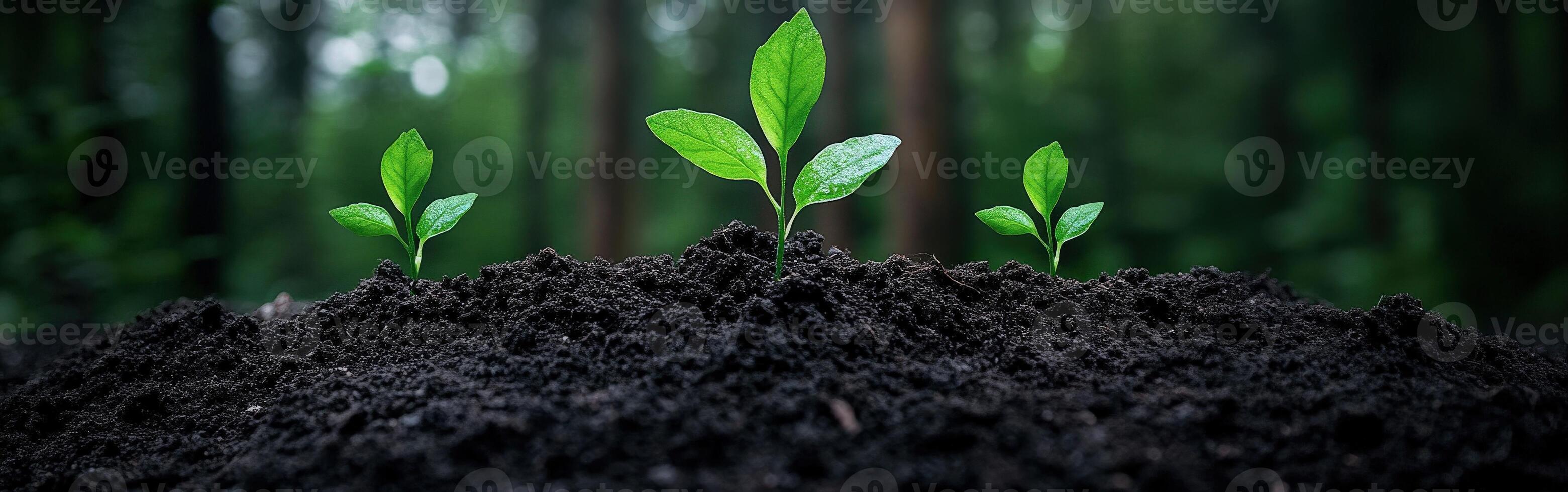 New plants emerge from rich soil under a serene forest canopy photo
