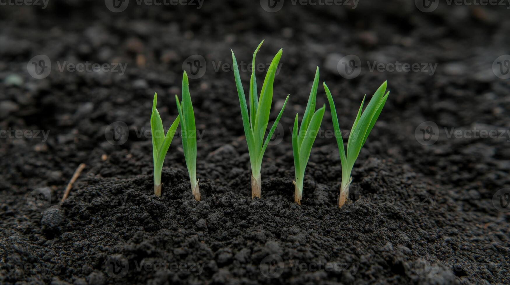 Fresh green shoots emerging from dark soil in a nurturing environment photo