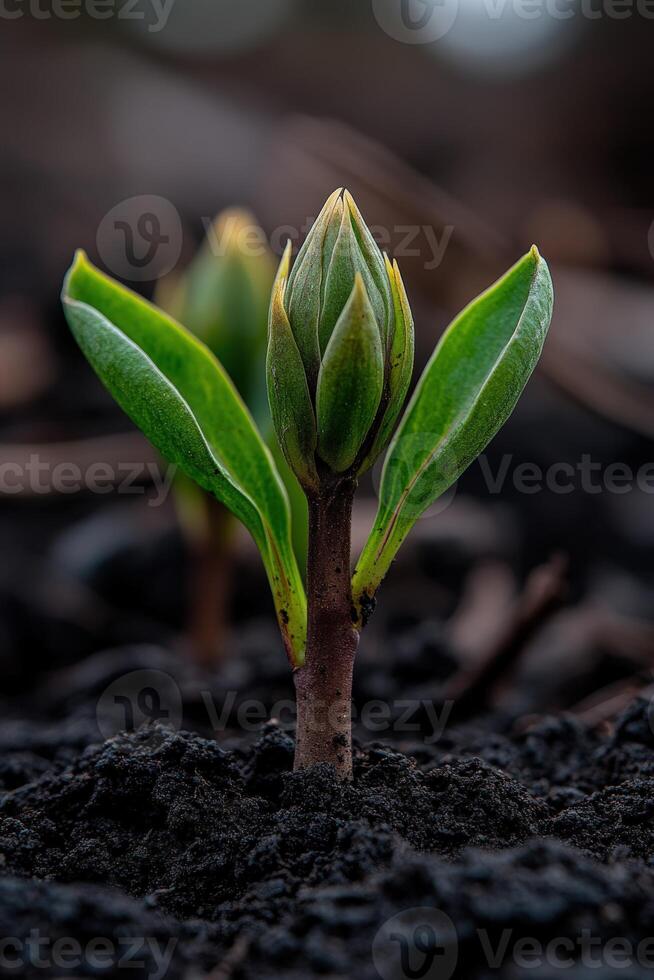 New plant sprouts emerging from dark soil in a natural setting photo