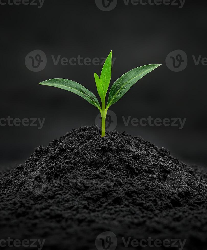 Green seedling emerging from rich dark soil in nurturing growth environment photo