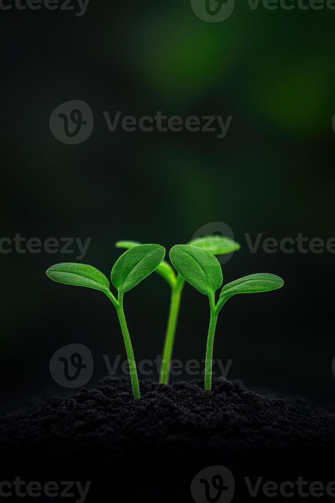 Green seedlings emerging from dark soil in a close-up view photo
