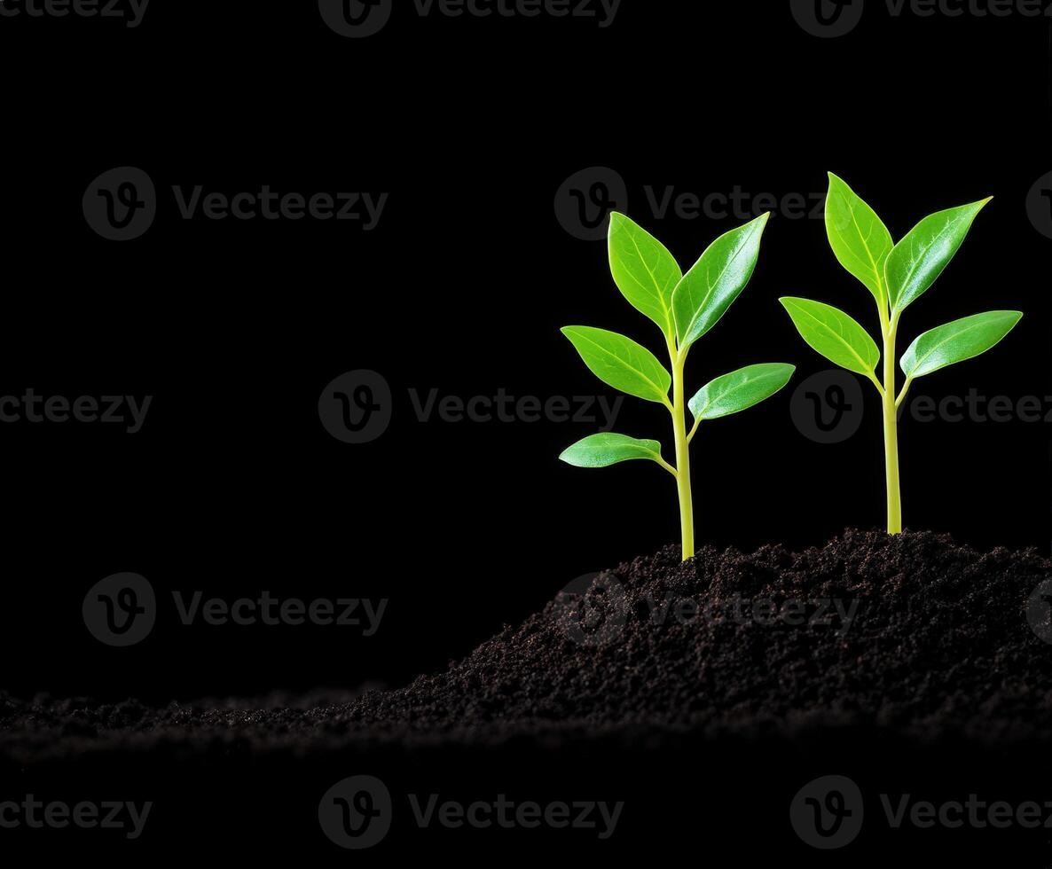 New plants emerge from dark soil in a bright atmosphere of growth photo