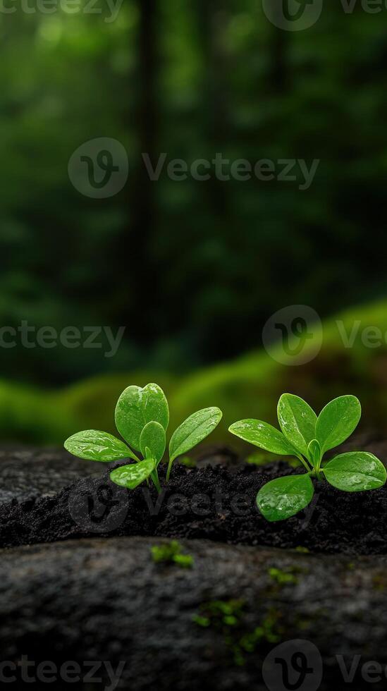 New seedlings emerging from rich soil in a vibrant forest setting photo