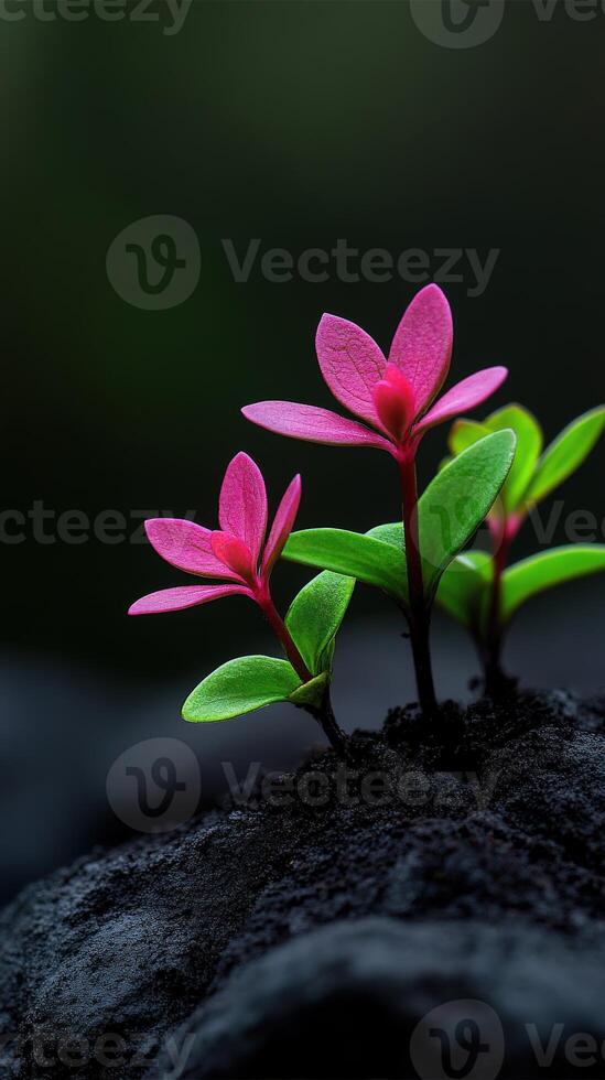 Delicate pink flowers emerging from dark soil in a serene environment photo