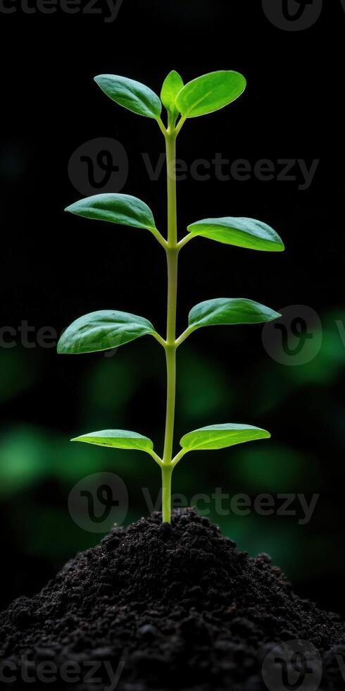 Green plant sprouting from rich soil in a dark background photo