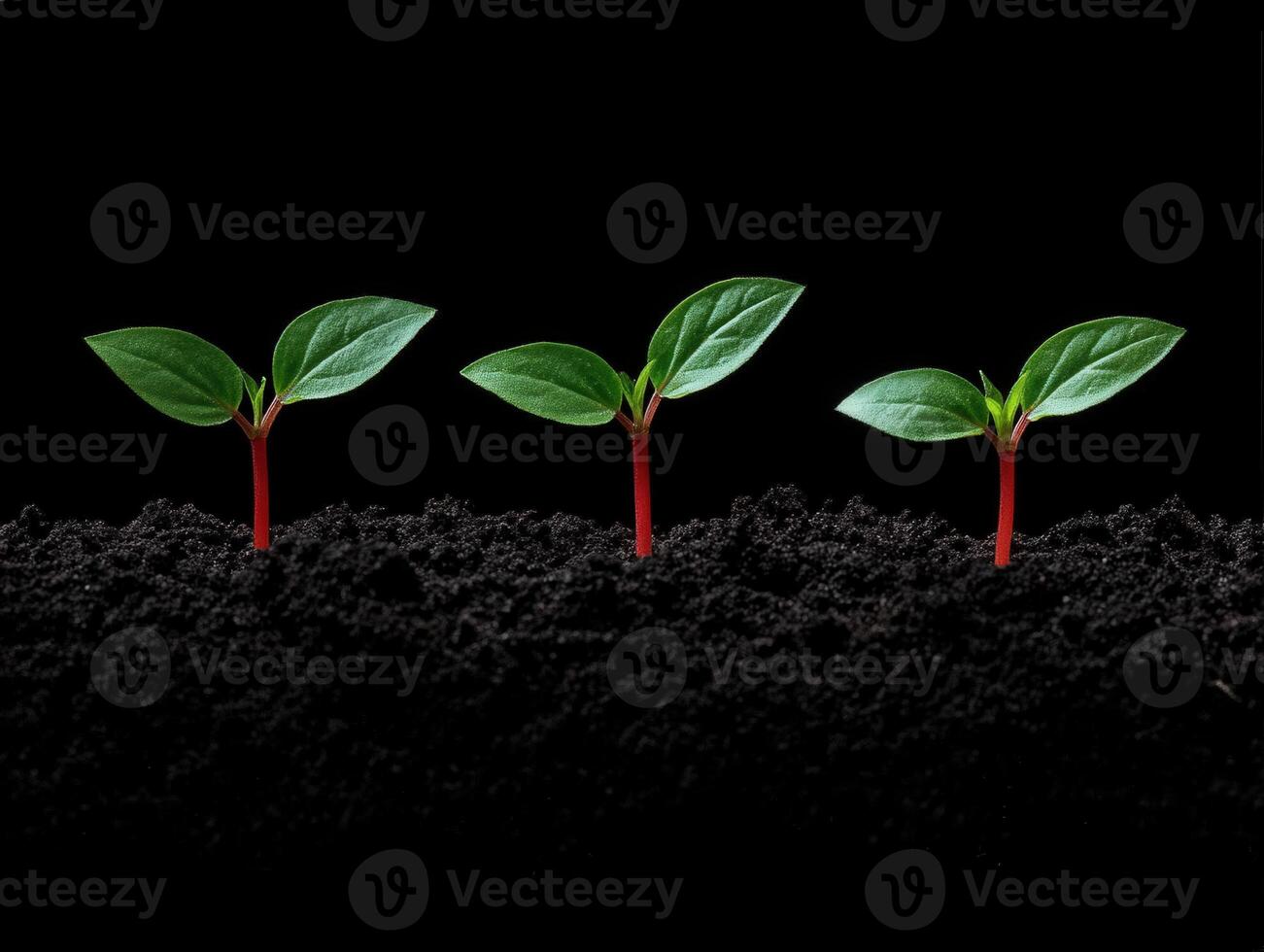 Seedlings growing in dark soil with vibrant leaves and roots exposed photo