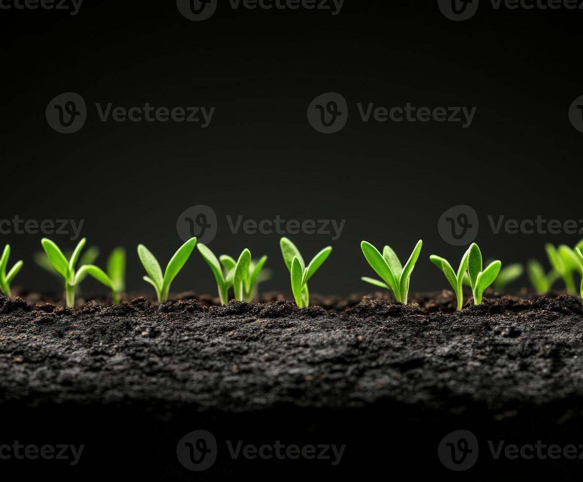 New green seedlings emerge from rich dark soil in a vibrant growth process photo