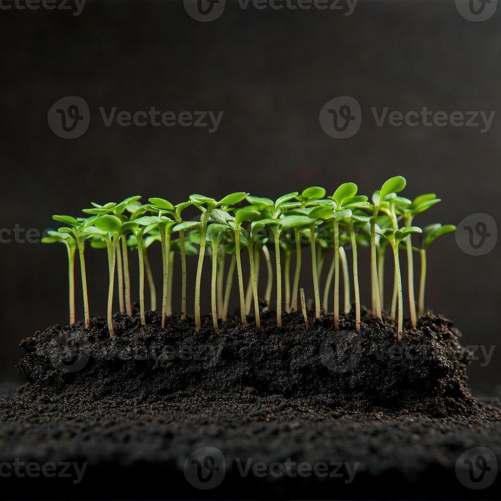 Fresh sprouting plants growing in rich soil under dim lighting conditions photo